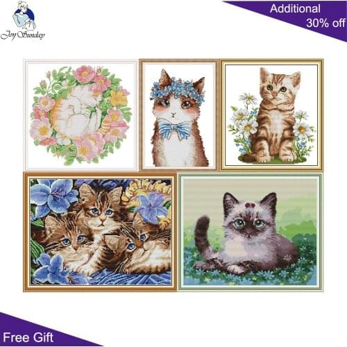 Joy Sunday Cats DA396DA408DA413DA426DA427 Stamped and Counted Home Decor Beautiful Kitten Cat Among Flowers Cross Stitch Kits