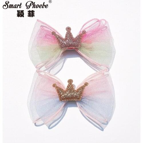 Wholesale Boutique 10pcs Fashion Glitter Tiaras Gradient Tulle Bow Hairpins Crown Rainbow Bowknot Hair Clips Princess Headwear