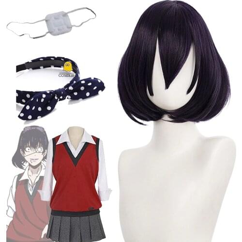 Kakegurui Midari Ikishima Cosplay Wig Short Black Purple Women Synthetic Hair Halloween Christmas Hair Band Eye Patch Skirt Set