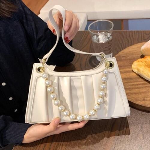 Pleated Beading Shoulder Bags for Women New Pu Leather Underarm Handbags and Purses Female Small White Crossbody Messenger Bag