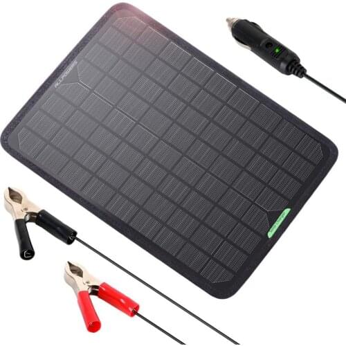 ALLPOWERS 18V 12V 10W Portable Solar Panel Battery Charger Maintainer with Cigarette Lighter Plug Alligator Clip for Outdoors
