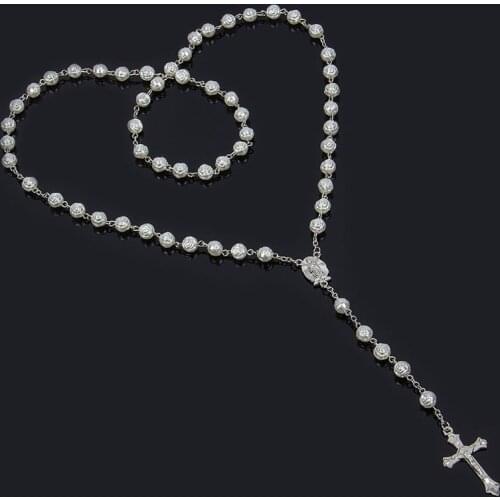 Rose Flower Beads Cross Necklace High Quality Rose Beads Necklace Rosary Cross Pendant Catholic Jewelry