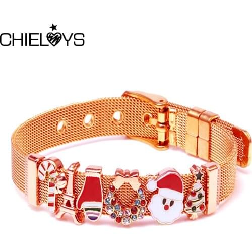 Christmas Style Santa Claus Beads Charm Silver Color Stainless Steel Mesh Bracelets For Men Women Watch Belt Bracelets Bangles