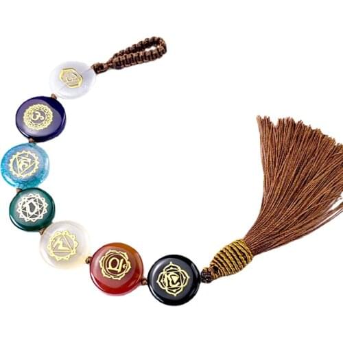 FYSL Ethnic Style Many Colors Agates and Stone Round Pendant with Tassels Healing Chakra Jewelry