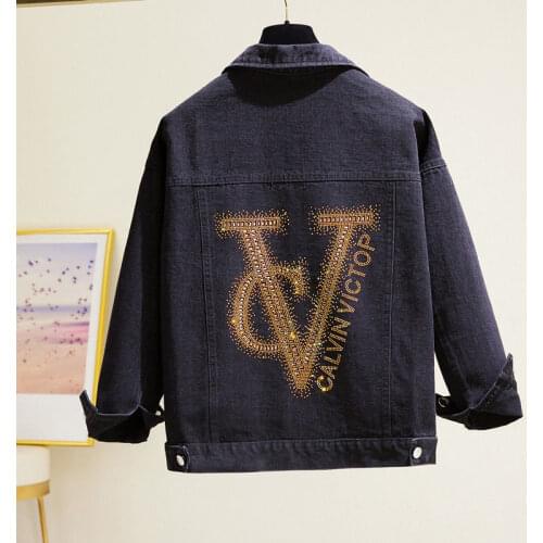 Plus Size 5XL Black Diamond Letter Denim Jacket Womens Streetwear Casual Loose Ladies Jeans Outwear 2021 Autumn New Short Coat