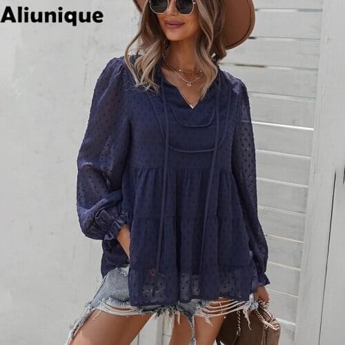 Aliunique New V-neck Sexy Long Sleeve Shirt For Women 2021 Autumn Fashion Design Lady Casual Baggy Blouse Vacation Tops