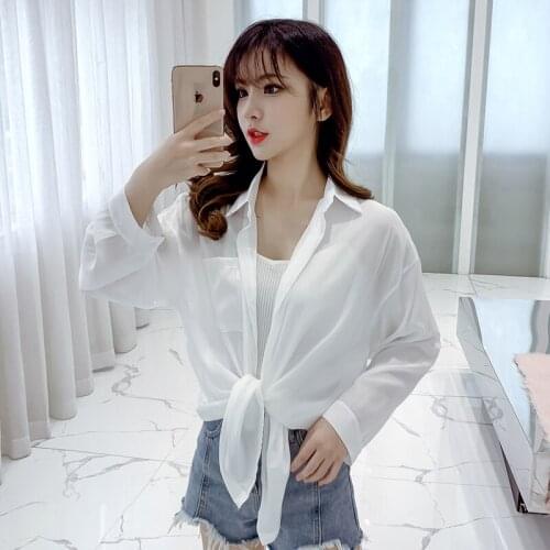 #8308 White Yellow Blue Pink Chiffon Shirt Woman Summer Suncreen Women Shirts Long Sleeves Solid Color Thin Sexy Blouse Femme