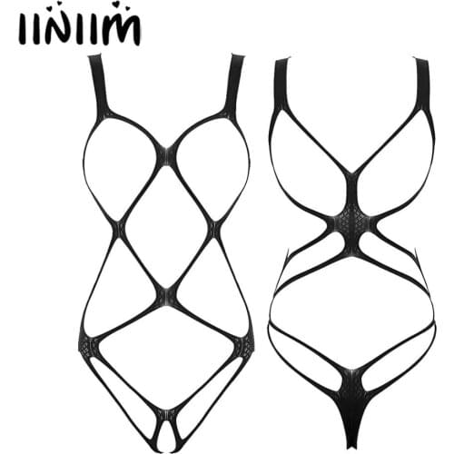 Iiniim Womens Femme Erotic Bodystockings Hollow Out Fishnet Lingerie Open Bra Crotchless Sissy See-through Bodysuits Nightwear