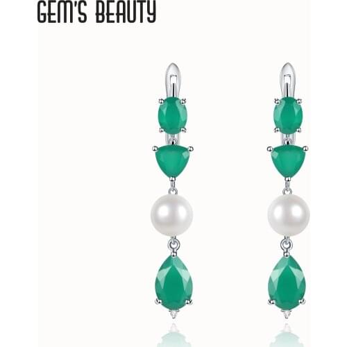 GEMS BEAUTY 925 Sterling Silver Vintage Jewellery Stud Earrings For Women Natural Green Agate Fresh-water Pearl Stud Earrings