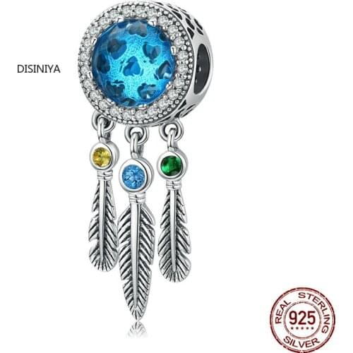 Dream catcher feather long blue glass bead pendant charm for the original 925 women bracelet made of Sterling Silver 925 jewelry