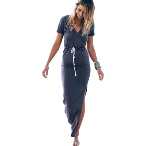 Fashion Summer Beach Long Dress Women Solid Blue Sexy Shrink Waist Split V-Neck Maxi Dresses Vestido Plus Size Summer Style EZ01