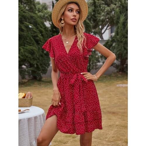 New Women Summer Vintage Boho V-neck Polka Dot Dress Stylish Short Sleeve Lace-up Mini Dress Evening Party Beach Dress Sundress