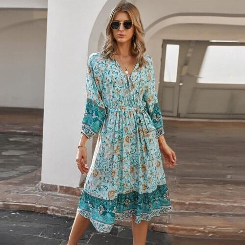 Half Sleeve Floral Print Ethnic Summer Beach Female Split Stylish Style Women Dress Sleeveless V-Neck Spaghetti Strap Beach Dres