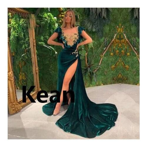Emerald Green Velour High Slit Vestidos De Festa Evening Dresses Cap Sleeevs robe de soiree Evening Gowns Prom Dress Custom Made