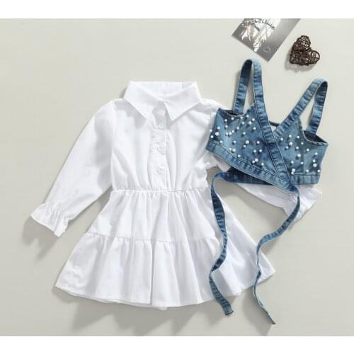 1-6Y Kids Girls Clothes Sets 2pcs Child Long Sleeve A-line Shirt Dress + Pearl Denim Vest 2021 summer Autumn Baby Outfit
