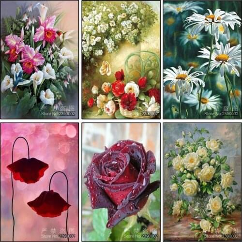 5D DIY Diamond Painting Rose Flower 3D Cross Stitch Diamond Embroidery Mosaic Diamonds Vase Wall Stickers Home Decor