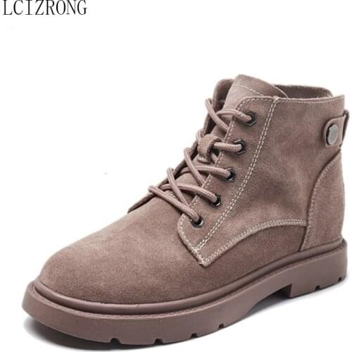 Classic Genuine Leather Suede Women Ankle Boots Warm Platform Short Snow Boots Lace Up Lady Low Heel Shoes Boots Woman