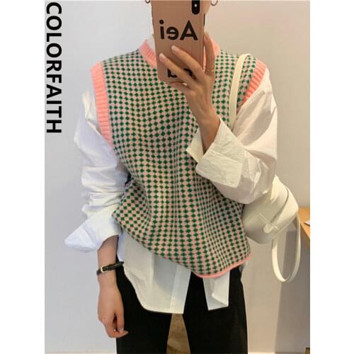 Colorfaith 2021 Y2K New Autumn Winter Women Sweaters Sleeveless Oversized Vintage Vest Checkered Waistcoat Lady Tops SWV1396JX