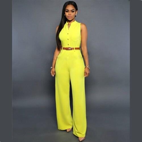 Summer 2020 Sleeveless V-neck Single Breasted High Waist with Belt Wide Leg Pants White Yellow Red Black Blue Jumpsuits