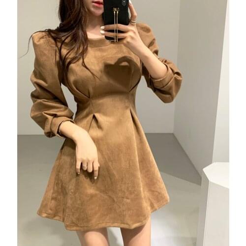 Korea Chic Elegant Light Mature Woman Autumn Winter Temperament Retro Waist Slim Round Neck Mini Dress Women Full 923C