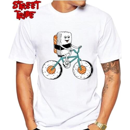 Cool 100% Cotton cute Biker T Shirt Crew Neck Men Sushi riding a bicycle Tee Shirt High Quality Custom Print Biking T-shirt