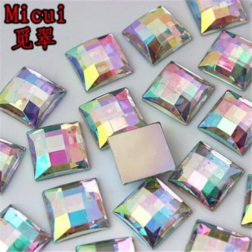 Micui 100pcs 14mm Crystal Clear AB Acrylic Rhinestones Flatback Square Gems Strass Stone For Clothes Dress Craft ZZ18B
