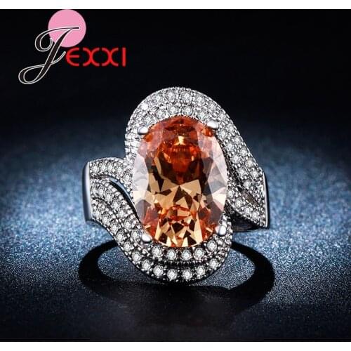 Fashion Top Quality Oval Orange Austrian Crystal Bridal Wedding Rings For Women Silver Finger Rings Bijoux