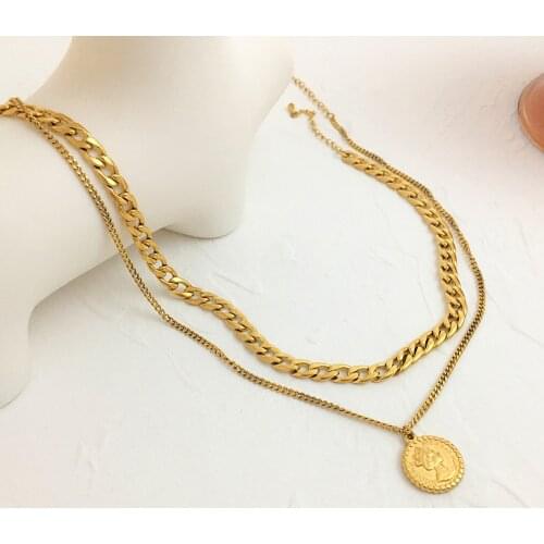Monlansher Vintage Double Layer Chain Chokers Elizabeth Gold Color Coin Pendant Necklace Minimalist Charm Necklaces Jewelry