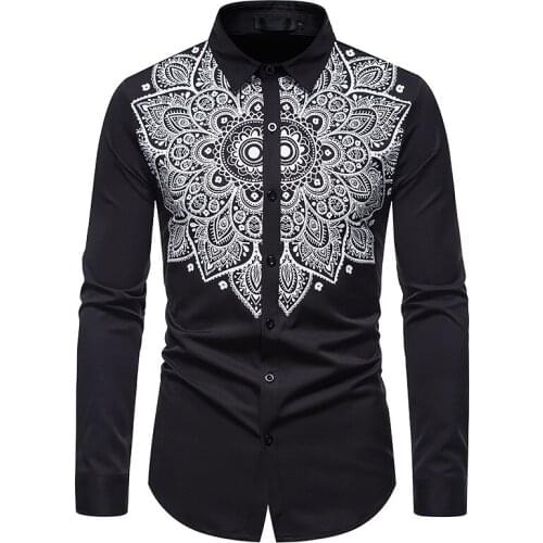 Black Mandala Floral Print Button Up Shirt Men 2021 Brand Slim Long Sleeve Mens Dress Shirts Business Casual Social Shirt Male