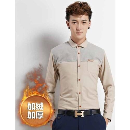 Mens Shirt New Autumn Winter Mens Fashion Cotton Thick Warm Fleece Dot Splicing Long-sleeved Shirts Slim Men Casual Shirts