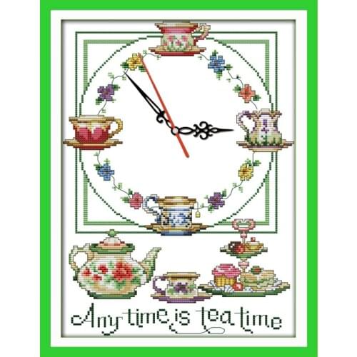 Anytime is tea time cross stitch kit 14ct 11ct count print canvas wall clock stitching embroidery DIY handmade needlework
