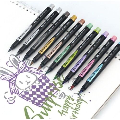 10pcs Color Brush Metallic Marker Pen Set 1-7mm Soft Point Drawing Painting Highlighting Calligraphy Lettering School Art H6929