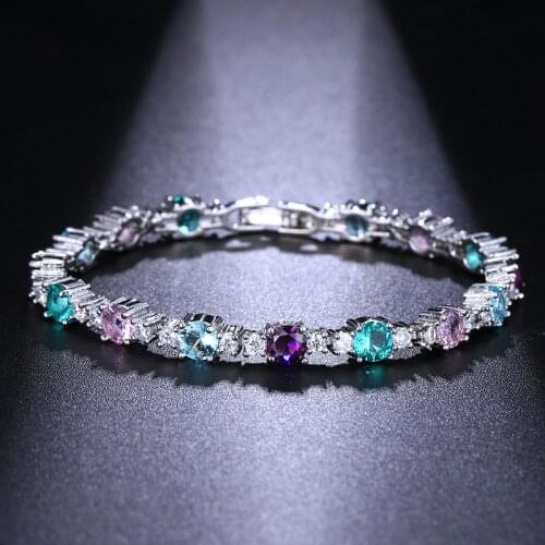 ORZTOON Fashion Charm Bright Purple Pink Round Zircon Bracelets for Women Luxury Chain Bracelet Trendy Wedding Jewelry Gift 2021