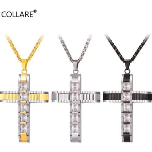 Collare Cross Pendant Men Gold/Black Color Stainless Steel AAA Cubic Zirconia Crystal Necklace Women Christian Jewelry P088