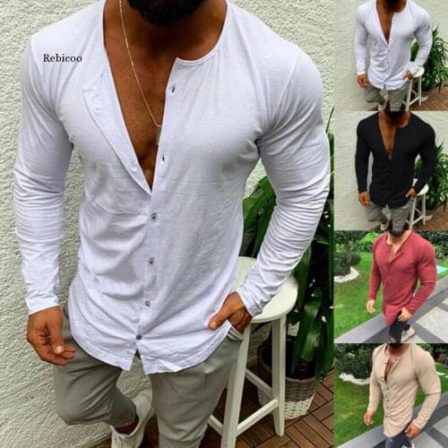 Casual Fashion Mens Slim Fit Button V Neck Long Sleeve Muscle Basic Tee Solid Color T-Shirt Casual Tops