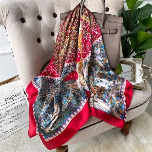 Luxury Brand Silk Square Scarf Women 2021 New Print Floral Kerchie Headband Hijab Wrap Muslim Turban Shawl Bandana 90cm*90cm