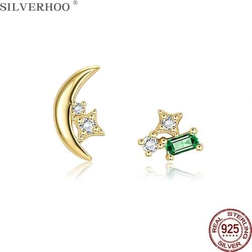 SILVERHOO 925 Sterling Silver Jewelry Sparkling Star Moon Asymmetry Stud Earrings For Women Cute Zircon Golden Tiny Earring