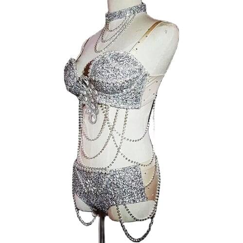 Shining Diamonds Women Bra Shorts Beaded Tassel Bikini Sets Nightclub Singer Dancer Performance Stage Wear Evening Prom Outfits