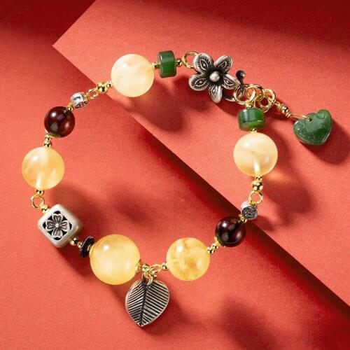 Thai Silver Beads Vintage Jewelry for Women Natural Jade Amber Beeswax Bracelets 925 Silver Bijoux Gemstones Bracelets Best Gift