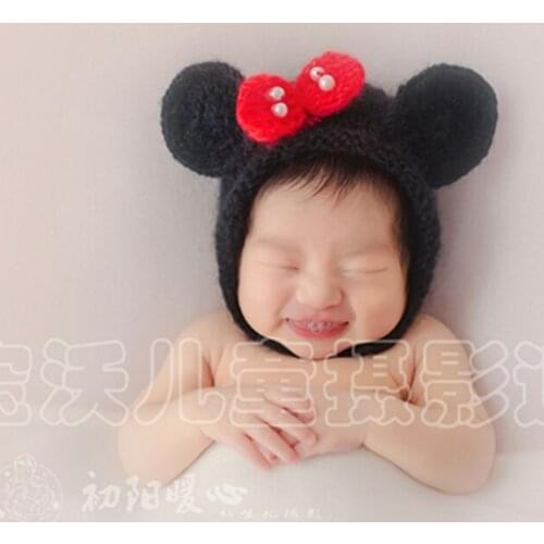 Knit Mohair Bonnet Romper Outfit for Photography props Crochet Baby Mouse Hat Pant Overall Photo Shoot