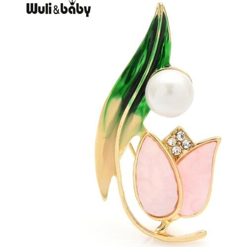 Wuli&baby Pearl Tulip Brooches For Women Unisex 3-color Flower Party Office Brooch Pins Gifts