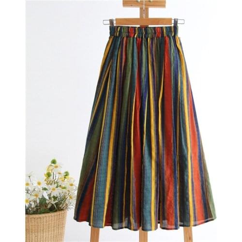 Women casual thin striped cotton linen skirt fashion holiday style spring summer 2021 new cotton Rainbow colors a word skirt n22