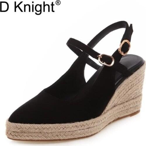 2019 spring and summer new buckle strap wedge sandals 8cm high heel fashion sandals female large size women pumps shoes 31-44