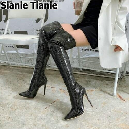 Sianie Tianie 2020 pu sexy ladies pumps super high heels booties pointed toe woman thigh high boots overkness boots big size 48