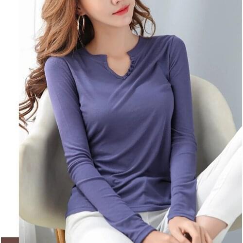 Tshirts cotton women tee shirt femme White t shirt deep V-neck tshirt women sexy autumn long-sleeve women T-shirt camiseta mujer