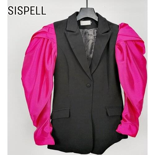 SISPELL Puff Long Sleeve For Female Blazer Coat V Neck High Waist Slimming Ruched Womens Balzer Streetwear Fashion 2021 Clothes
