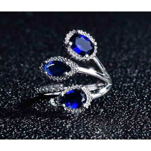 2021 Silver Fashion Creative Inlaid Imitation Natural Sapphire Full Diamond Engagement Adjustable Ring Women Exquisite Jewelry
