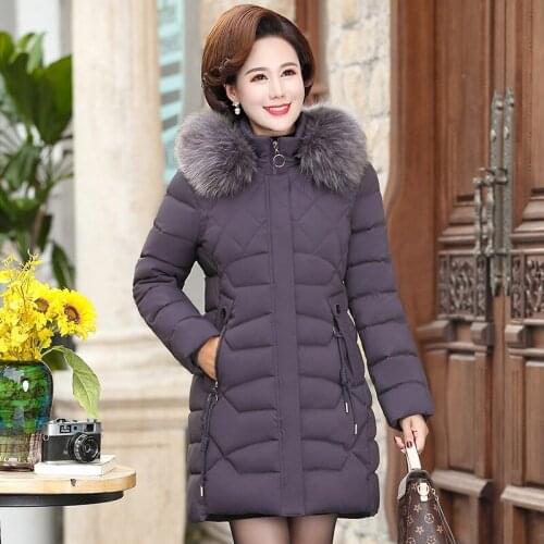 Womens Winter Coat New Mothers Clothing Plus Velvet Thick Cotton Coat Fur Collar Mid-length Hooded Cotton Womens Wear