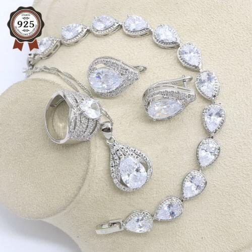 925 Silver White Topaz Bridal Jewelry Sets For Women Stud Earrings Necklace Ring Pendant Bracelets