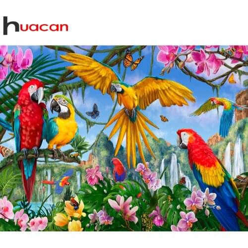 Huacan Diamond Art Painting Parrot Orchid Embroidery Cross Stitch Animal Bird Mosaic Waterfall Wall Stickers Home Decor